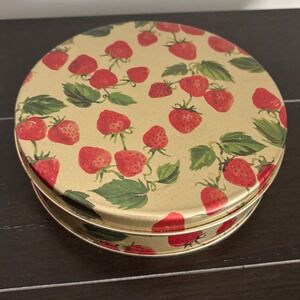 Harry and David Strawberry Print Round Gold Metal Decorative Storage Tin 6x2